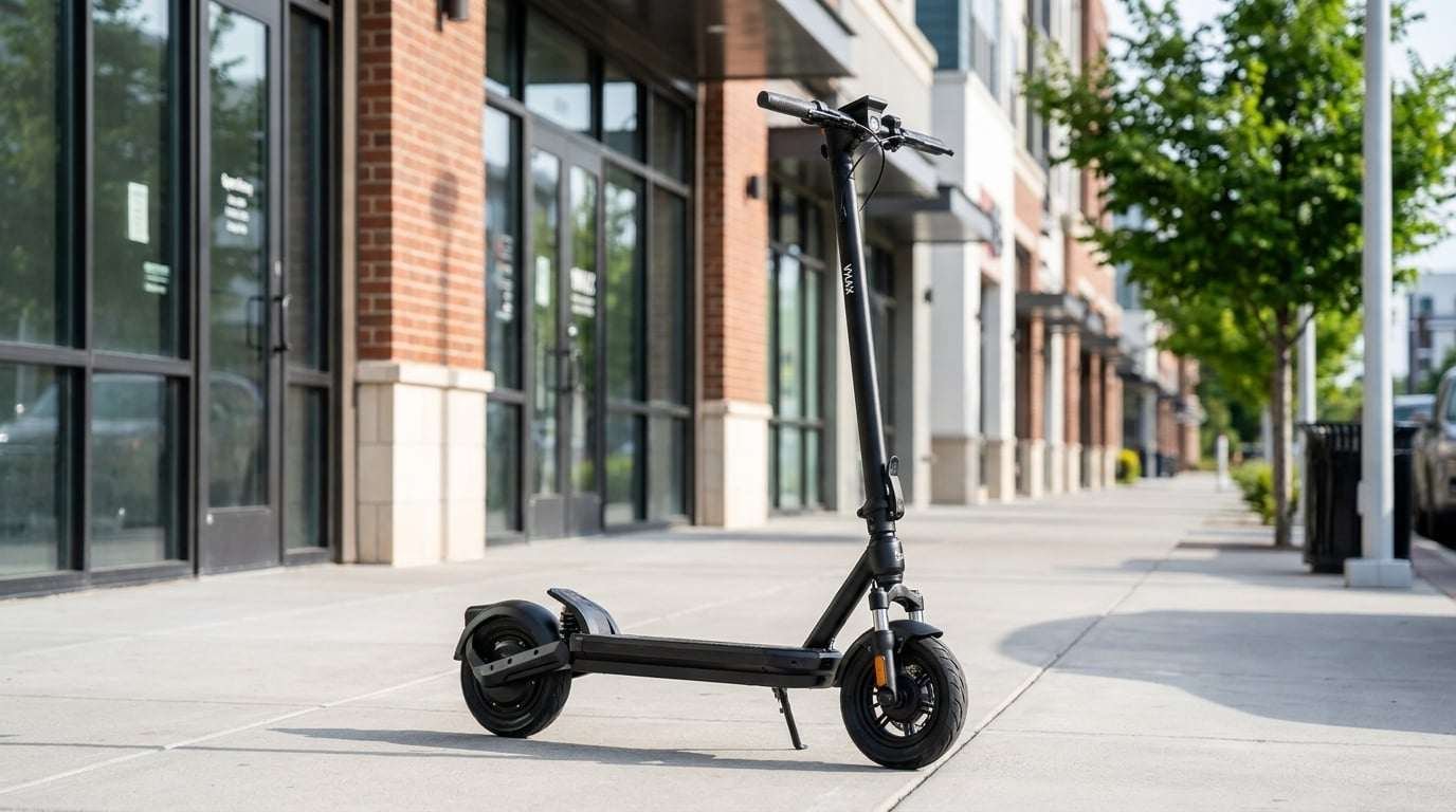 VMAX VX2 Lite full-suspension electric scooter parked on a city sidewalk
