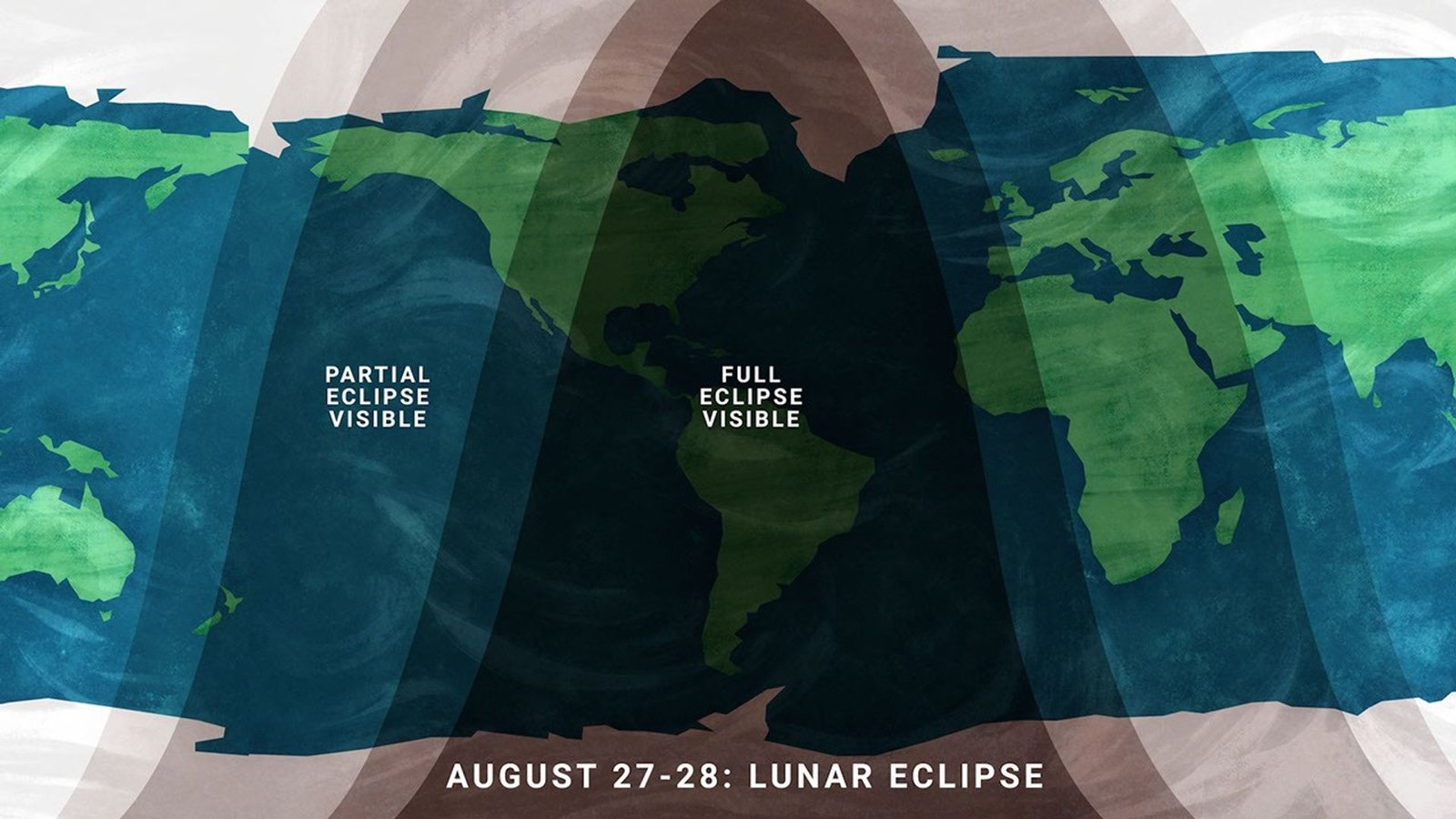 A stylized flat map of the Earth indicating the viewing areas for a lunar eclipse, with text at the bottom reading 'AUGUST 27-28: LUNAR ECLIPSE'. Large, semi-transparent dark bands arch across the map to represent visibility zones. The darkest central band, labeled 'FULL ECLIPSE VISIBLE', covers all of North America and South America, as well as the eastern Pacific Ocean and western Atlantic Ocean. Flanking this central region on the left and right are lighter shaded bands labeled 'PARTIAL ECLIPSE VISIBLE'. The western partial eclipse band covers the western Pacific Ocean and New Zealand, while the eastern partial eclipse band covers Europe and Africa. The unshaded outer regions of the map, including most of Asia and Australia, are areas where the eclipse will not be visible.