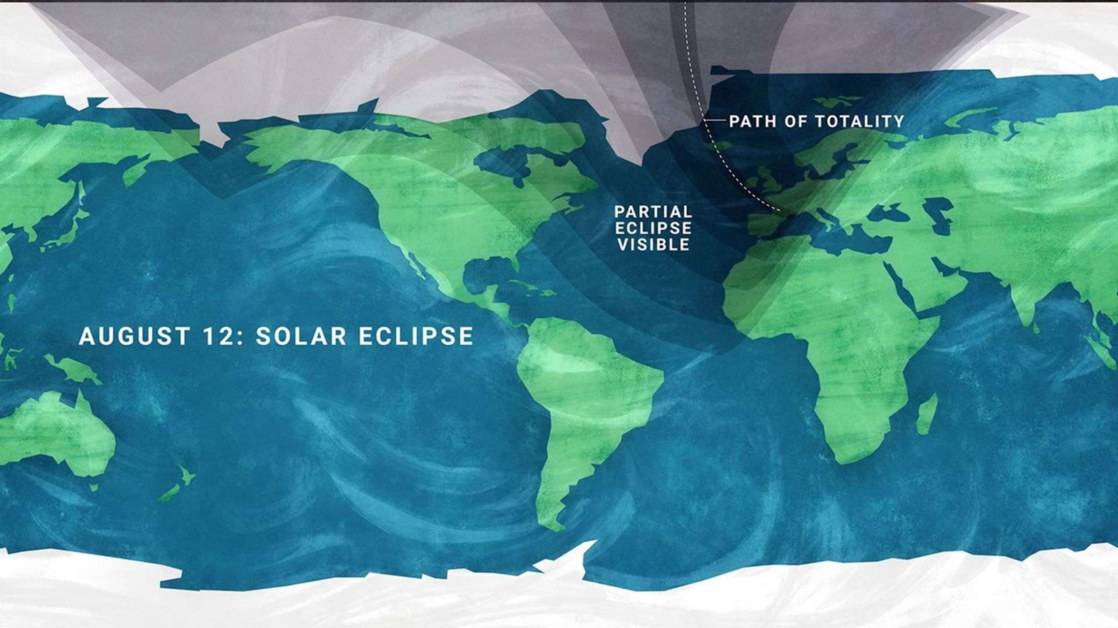 A stylized flat map of the Earth indicating the viewing areas for a solar eclipse, with text on the left reading 'AUGUST 12: SOLAR ECLIPSE'. A semi-transparent dark shadow covers the northern portion of the globe, fanning out from the top edge. Within this shadow, a thin dotted line arcs down from the Arctic, crossing near Greenland and Iceland, passing over the Iberian Peninsula (Spain and Portugal), and ending near the Mediterranean Sea; this line is labeled 'PATH OF TOTALITY'. The broader shaded region surrounding this line is labeled 'PARTIAL ECLIPSE VISIBLE', and it covers northern North America, the Arctic, all of Europe, northern Africa, and northern and western Asia. The unshaded regions covering the rest of the map, including most of the United States, South America, central and southern Africa, and Australia, indicate areas where the eclipse will not be visible.