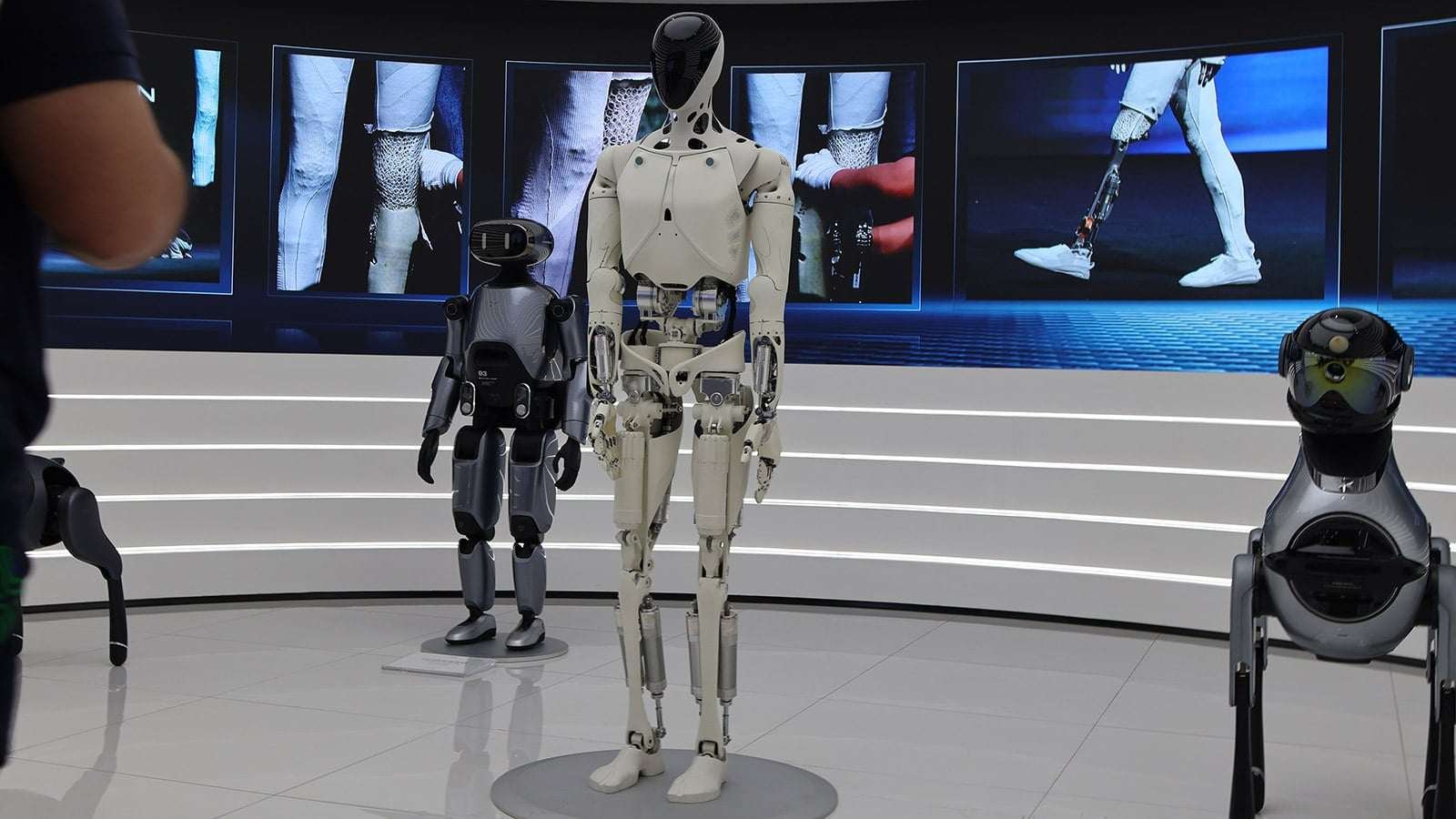 An Iron humanoid robot on display at Xpeng's Guangzhou headquarters in April 2026.