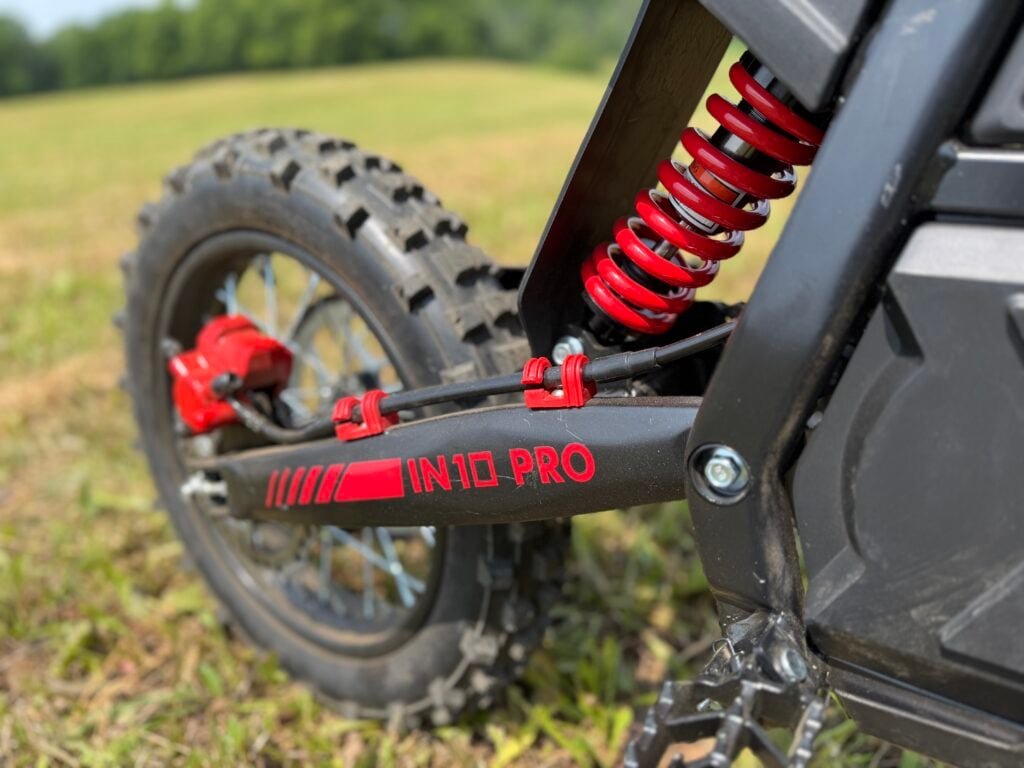 Yozma IN10 Pro Review: Is This $2,000 E-Dirt Bike a Real Sur Ron Killer? 5 Close-up of the Yozma IN10 Pro rear coil shock