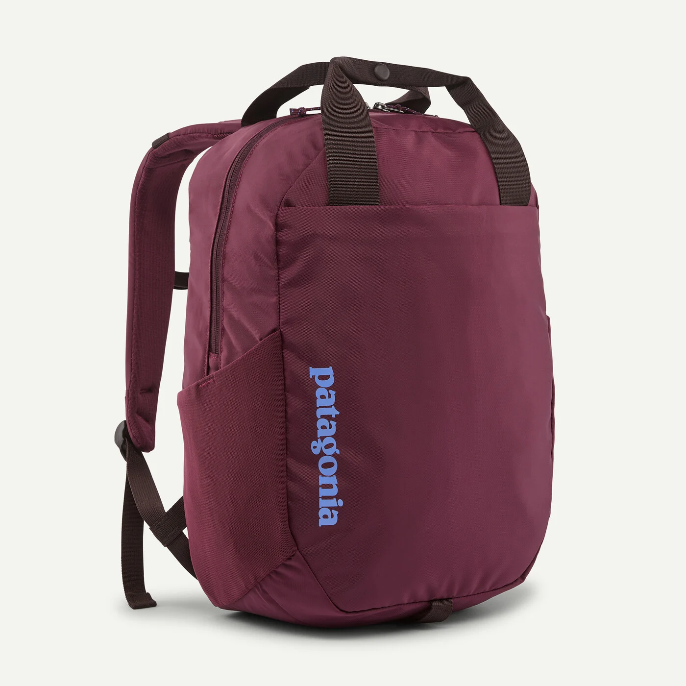 A maroon Patagonia backpack with black straps and side pockets, displayed against a plain white background. The brand name appears vertically in light blue on the front pocket.