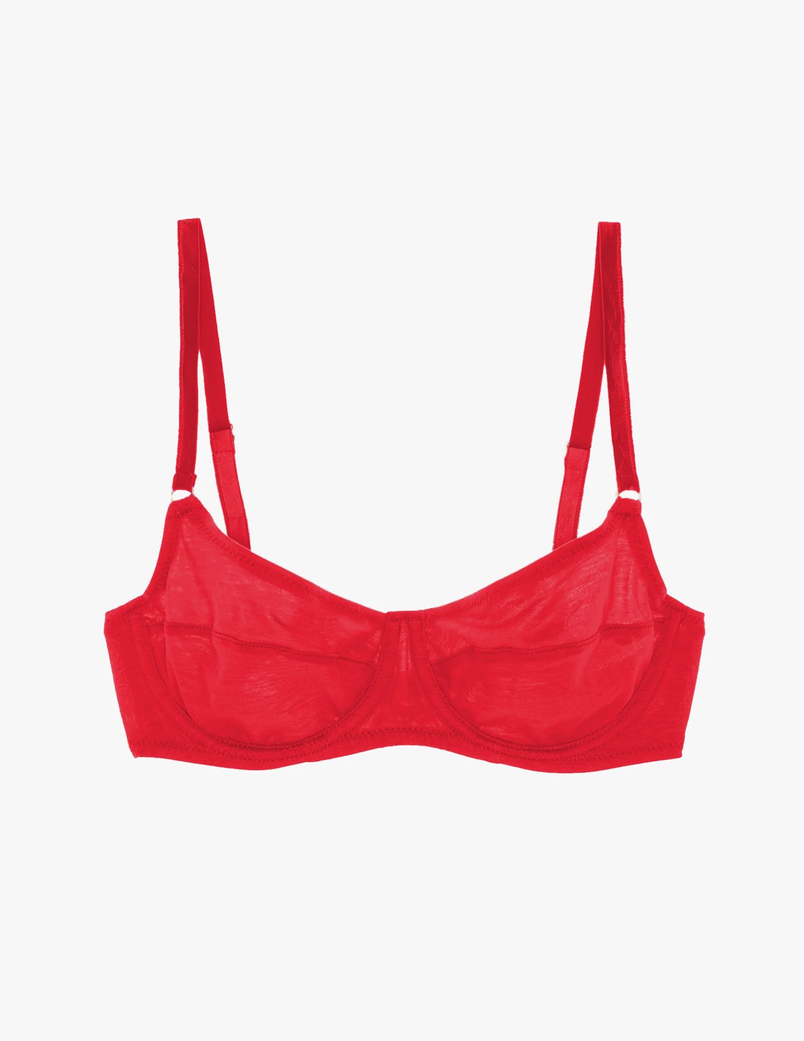 A red sheer bra with adjustable straps and underwire support, displayed on a plain white background.