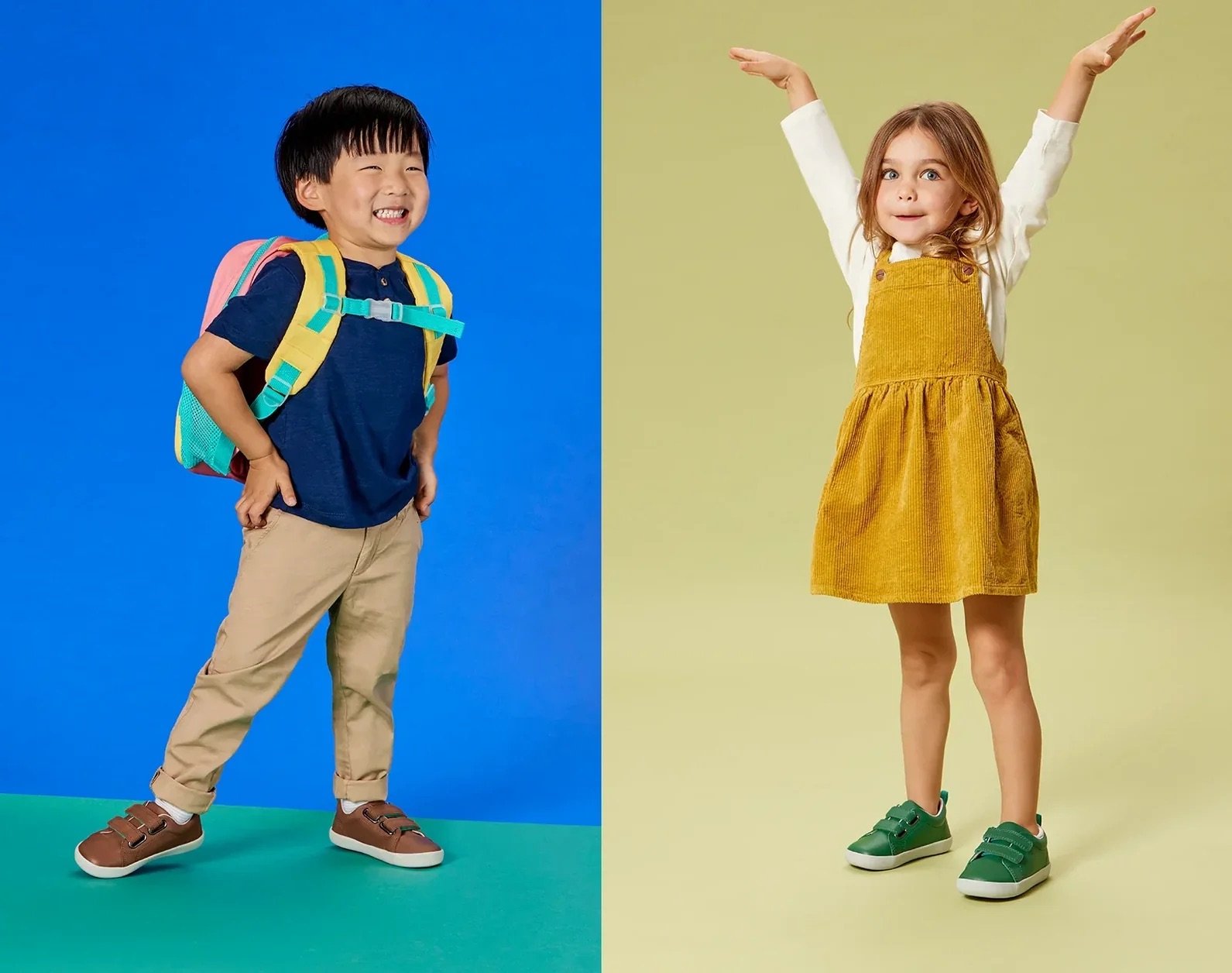 A young boy with a backpack stands smiling on a blue background; next to him, a young girl in a yellow dress raises her arms on a green background.