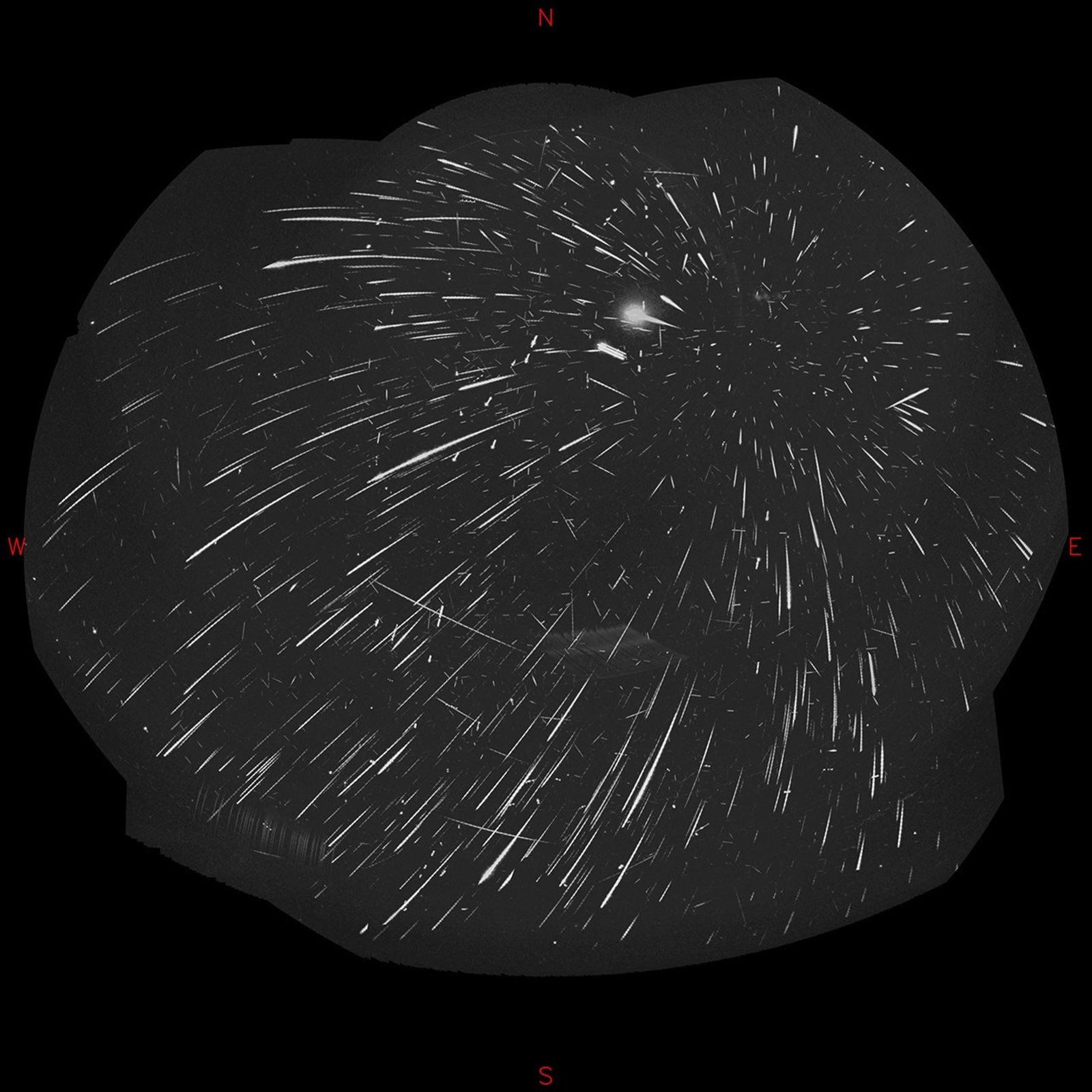 An allsky camera view of the Perseid meteor shower.