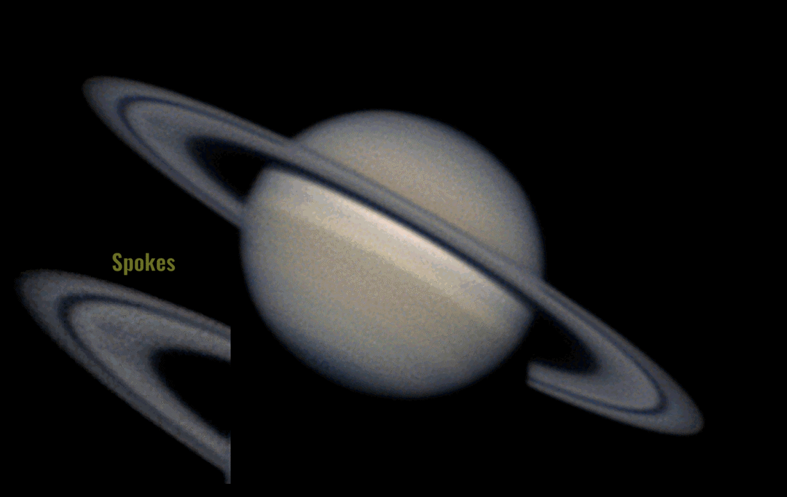 A large gaseous planet surrounded by a large ring of material (actually multiple rings). The planet and its rings are rotating. A dark shadow appears at the left side of one of the rings and disappears after a short period of time.