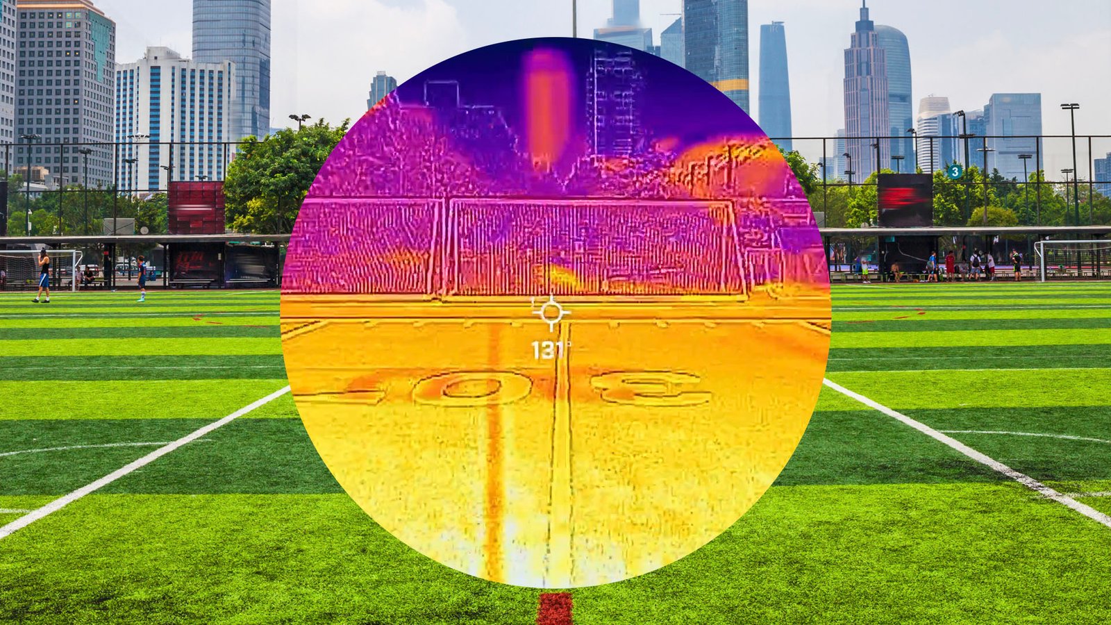 a simple collage with a thermal heat image of a football field in the center and a normal football field view around it