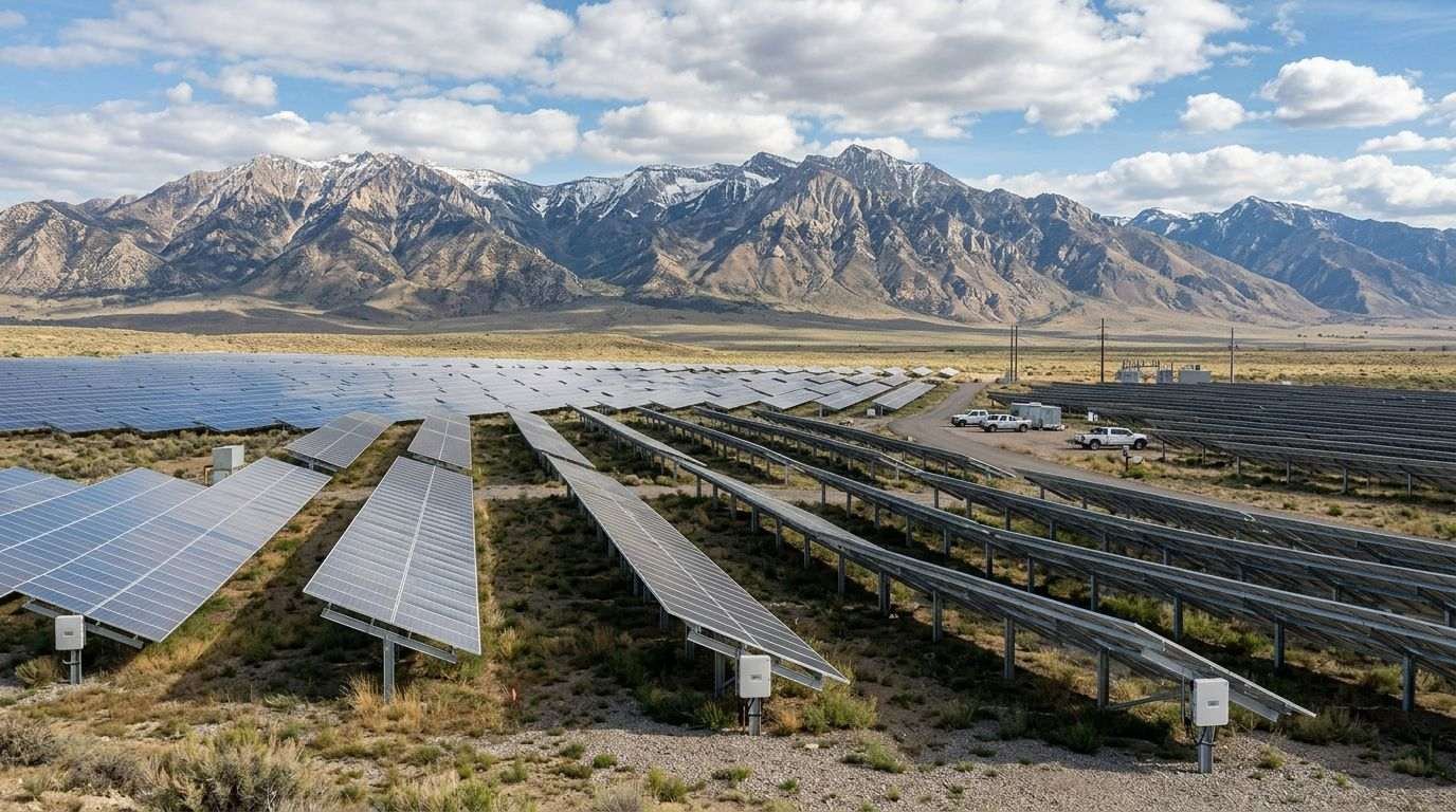 Rows of solar panels in a desert area with mountains and cloudy sky
