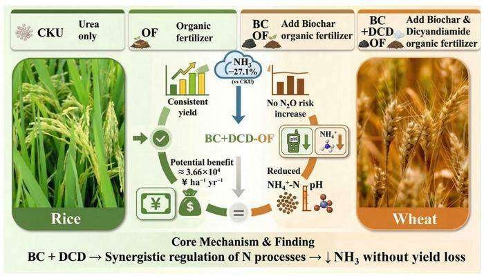 Ammonia mitigation and economic gains from dicyandiamide and biochar-amended organic fertilizer: a 2-year rice-wheat rotation study. Graphic: Wang Huang, Lisha Wang, Xueliu Gong, Rongjun Bian, Xinyue Lu, Yuanqing Bu, Yunyi Liang, Haijun Sun, Yanfang Feng, Changlei Xia, Jiang Jiang & Lihong Xue