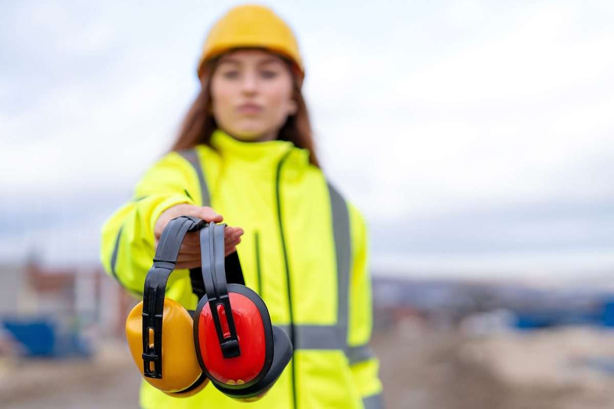 Worker in high-visibility clothing and a hard hat holds out red and yellow ear defenders at an outdoor construction site