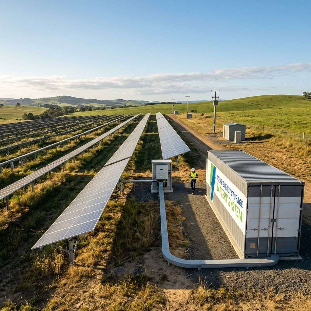 Solar farm with rows of panels, worker, and container labeled Battery Storage System