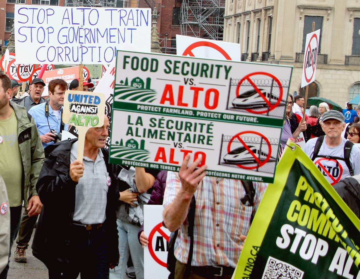 The ALTO-NO advocacy group is planning to host another project on September 19, calling for federal and provincial leaders to reconsider the Alto high-speed rail project which they fear will result in land expropriation, cut them off from markets and hurt sensitive ecological sites. Photo: Jonah Grignon