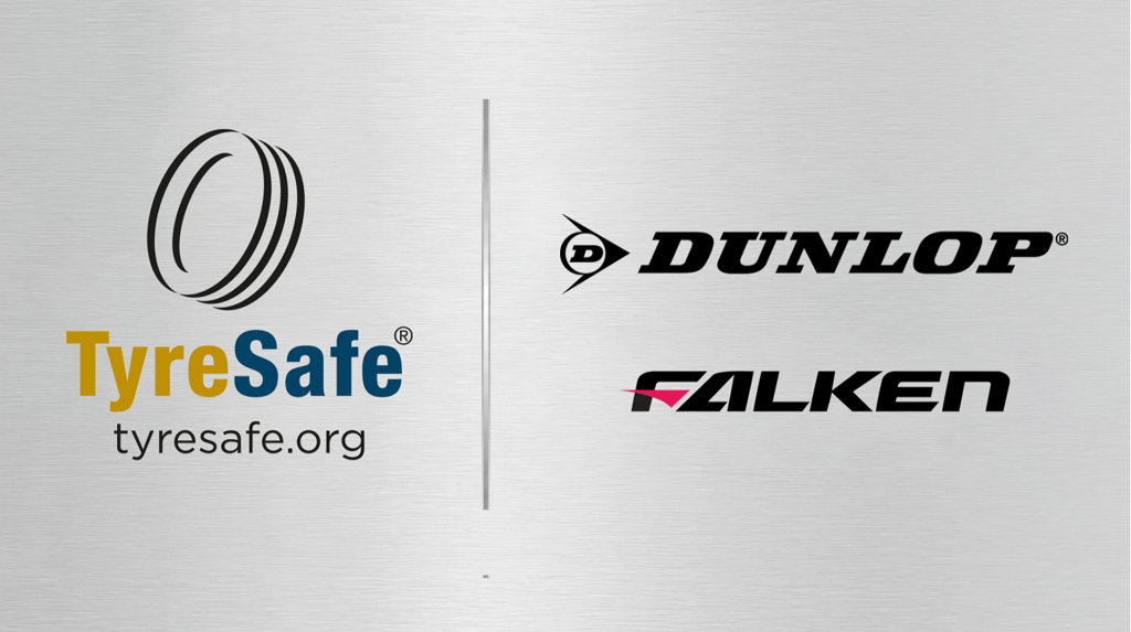 Dunlop, Falken and TyreSafe logos on a grey background.
