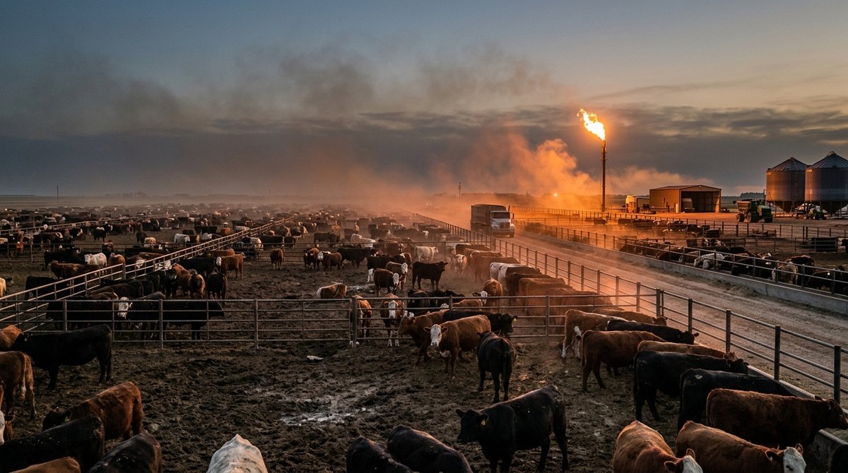 Large cattle feedlot at dusk with a methane gas flare burning in the background among industrial farm infrastructure