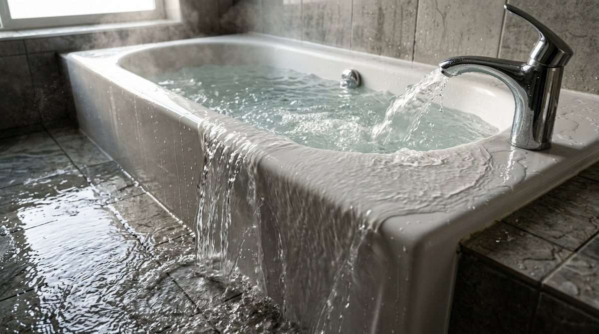 Overflowing bathtub with tap running at full blast, water spilling onto tiled floor illustrating accumulation