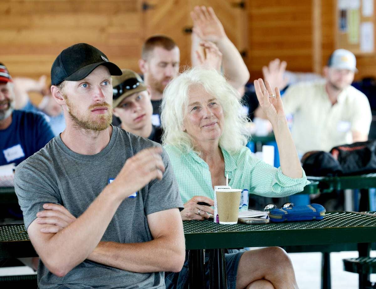 Sheep producers raise their hands when asked if they or someone they know has been hurt at work during an interactive portion of the workplace health and safety discussion at the Large Flock Operators Summer Meeting on Amherst Island on Aug. 7, 2026. Photo: Diana Martin