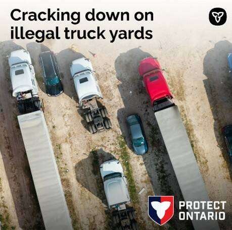 Aerial view of semi-trucks and trailers parked on bare compacted dirt, with the words 'Cracking down on illegal truck yards' and the Ontario Protect Ontario shield logo overlaid. Photo: Government of Ontario