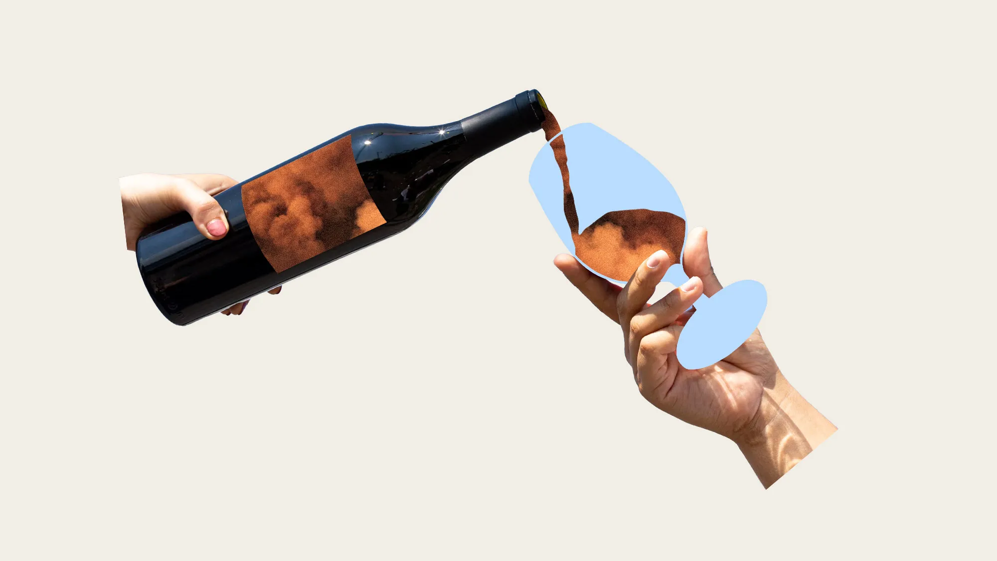 hand holding wine bottle pouring wildfire smoke into wine glass