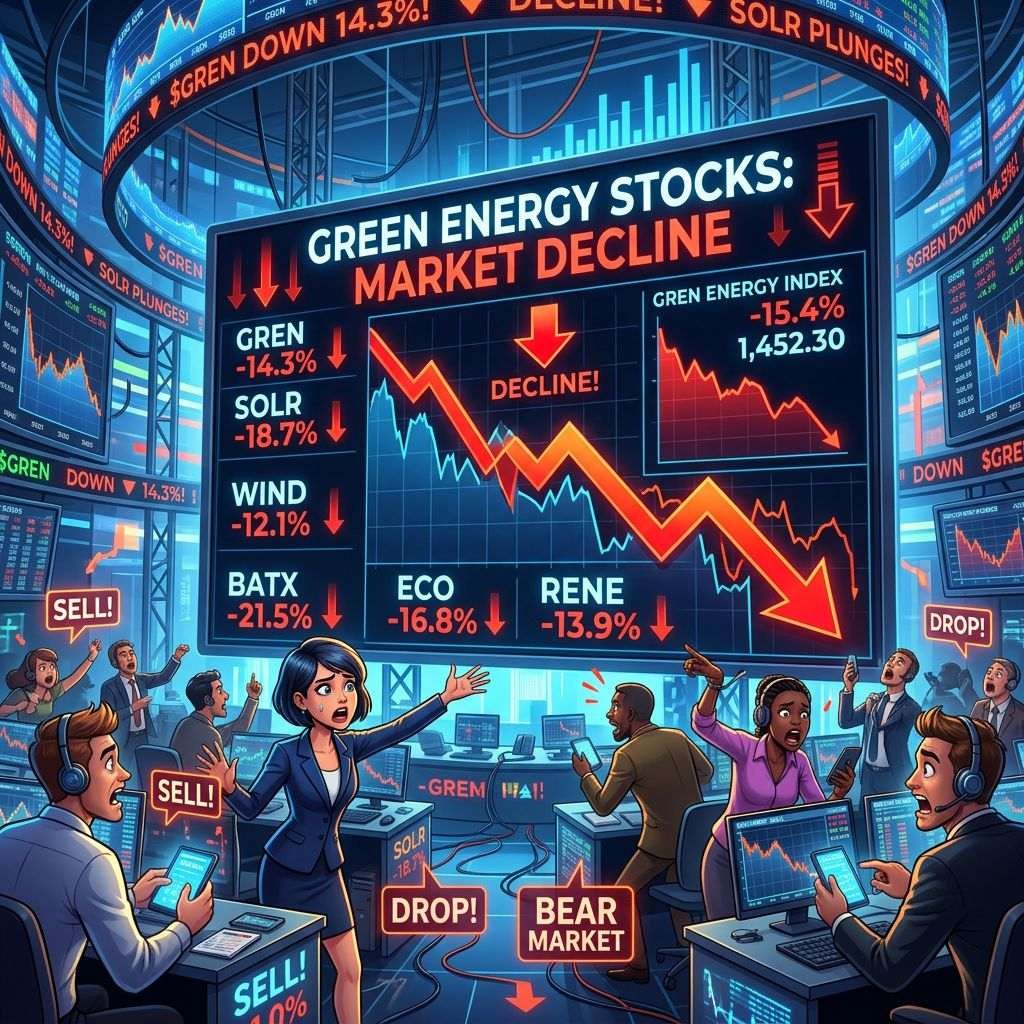 Illustrated trading floor showing green energy stocks market decline, falling charts, and sell signals.