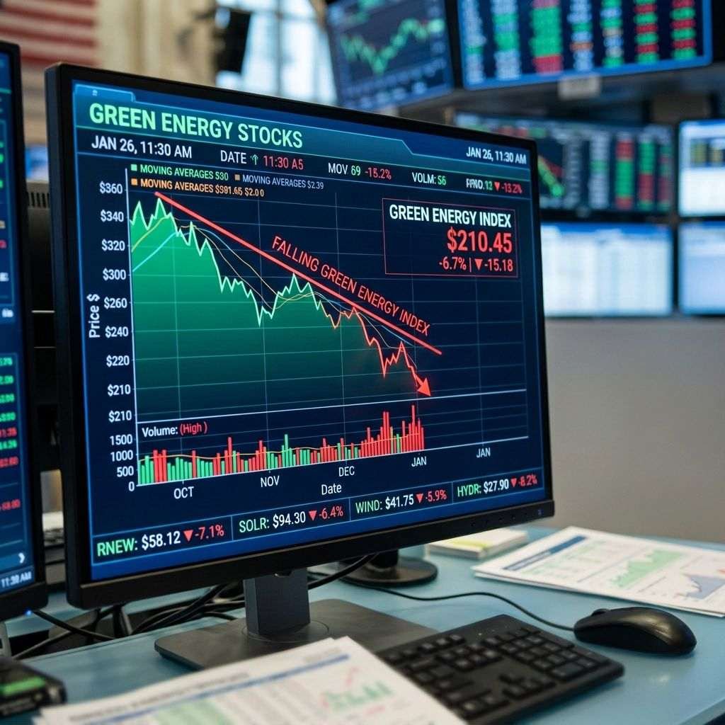 Stock market screen showing falling green energy index and price graph with analyst pointing
