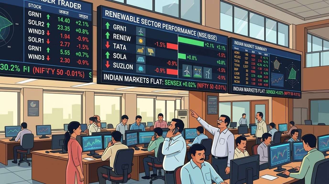 Traders monitor board listing green energy stocks and Indian market performance.