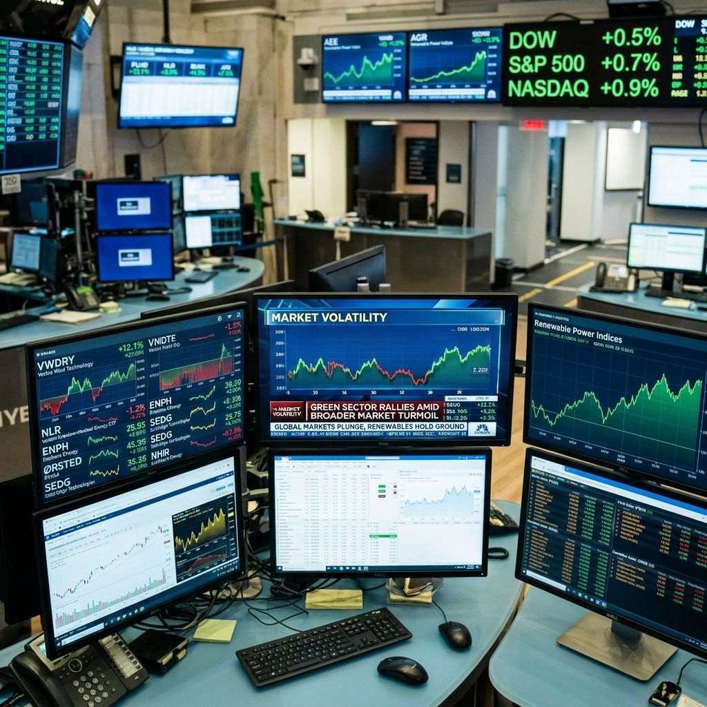 Busy stock exchange floor with traders, market screens, and text reading GREEN ENERGY STOCKS