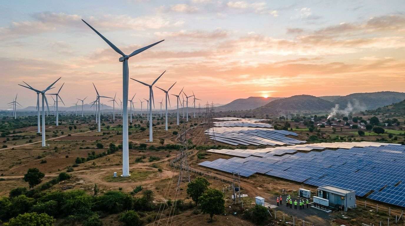 Wind turbines and solar panels across a rural landscape at sunset