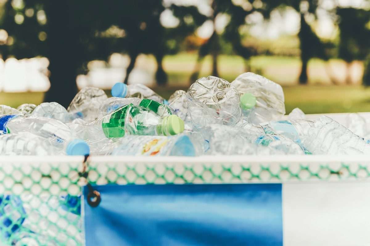 Discarded plastic bottles piled in a recycling bin