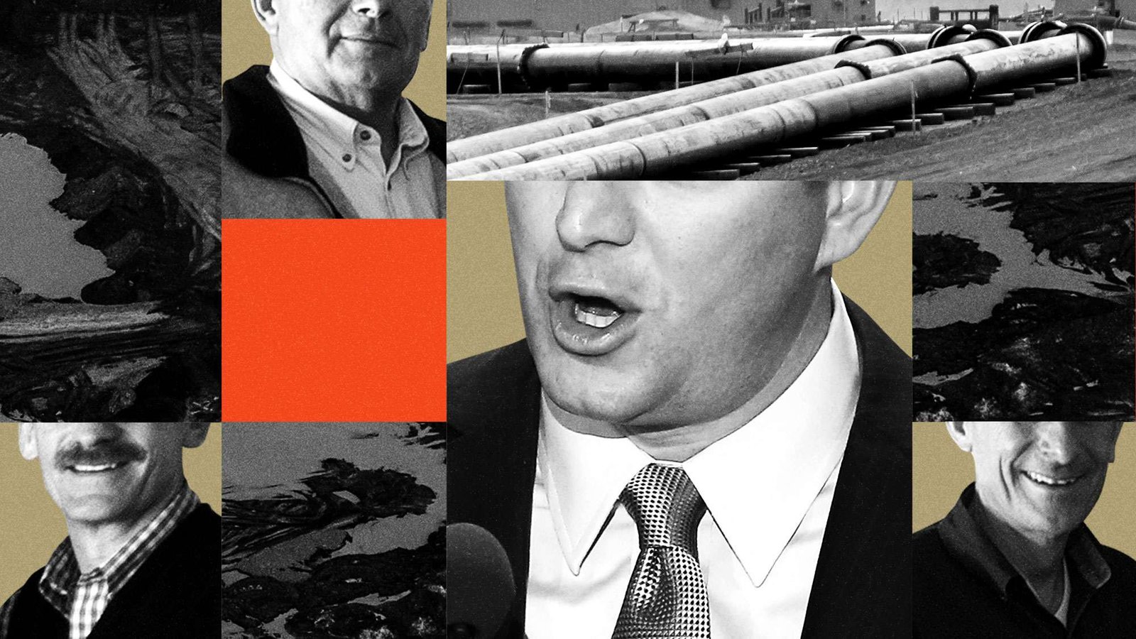 Collage of True family members, tar sands, and an oil pipeline