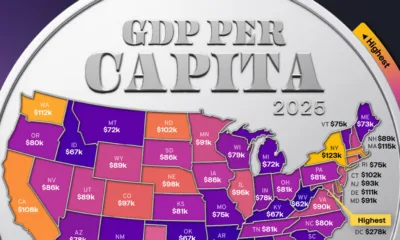 Part of a U.S. map shaded according to GDP per caita in each state showing Washington D.C. as the highest.