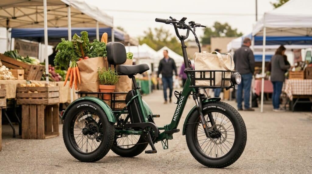 MoonCool Electric Trike Review: The TK2 Pro Is the One to Buy 3 MoonCool electric trike parked at a farmers market with groceries loaded in its rear cargo basket