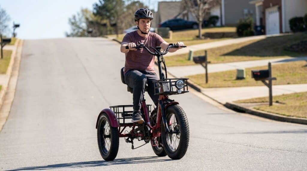 MoonCool Electric Trike Review: The TK2 Pro Is the One to Buy 4 Rider pedaling a MoonCool TK2 Pro electric trike up a neighborhood hill