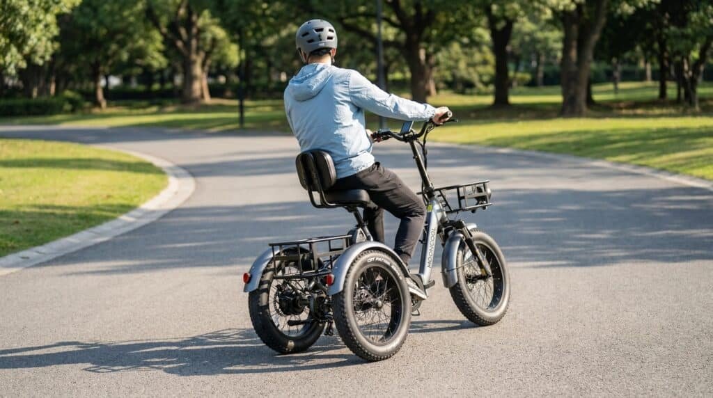 MoonCool Electric Trike Review: The TK2 Pro Is the One to Buy 2 Rider cornering on a MoonCool TK2 Pro electric trike with both rear wheels staying flat on the pavement through the turn