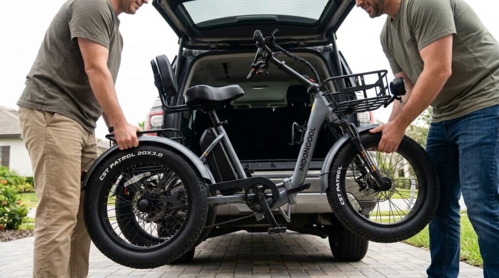 MoonCool Electric Trike Review: The TK2 Pro Is the One to Buy 8 Two people lifting a MoonCool TK2 Pro electric trike into the back of an SUV