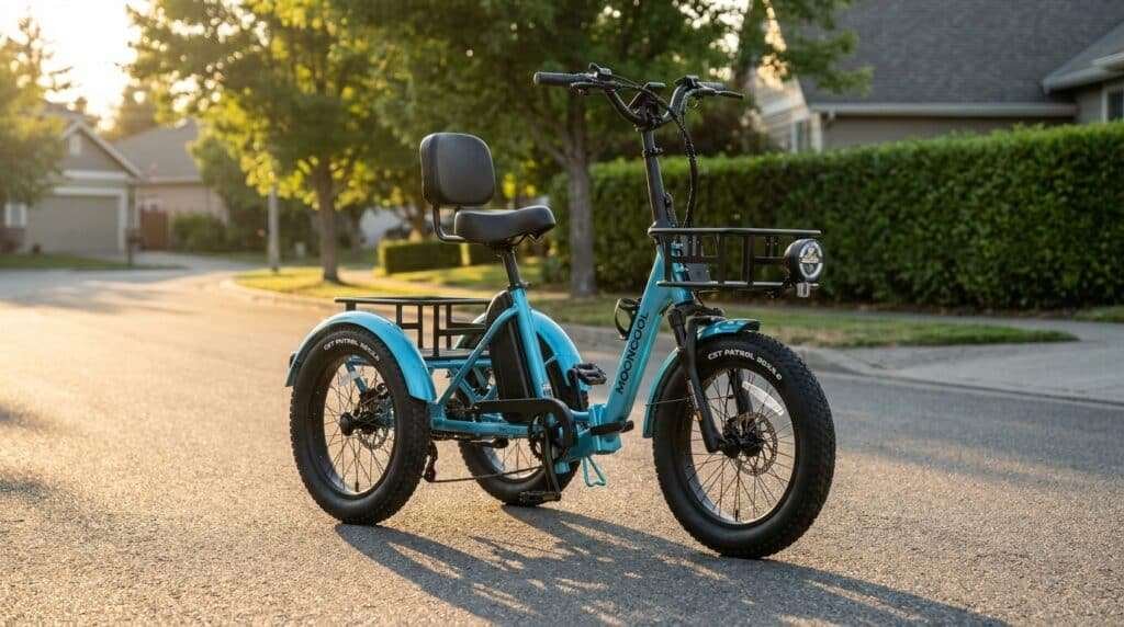 MoonCool Electric Trike Review: The TK2 Pro Is the One to Buy 1 MoonCool TK2 Pro electric trike parked on a suburban street, showing its low step-through frame, two rear wheels and front and rear cargo baskets