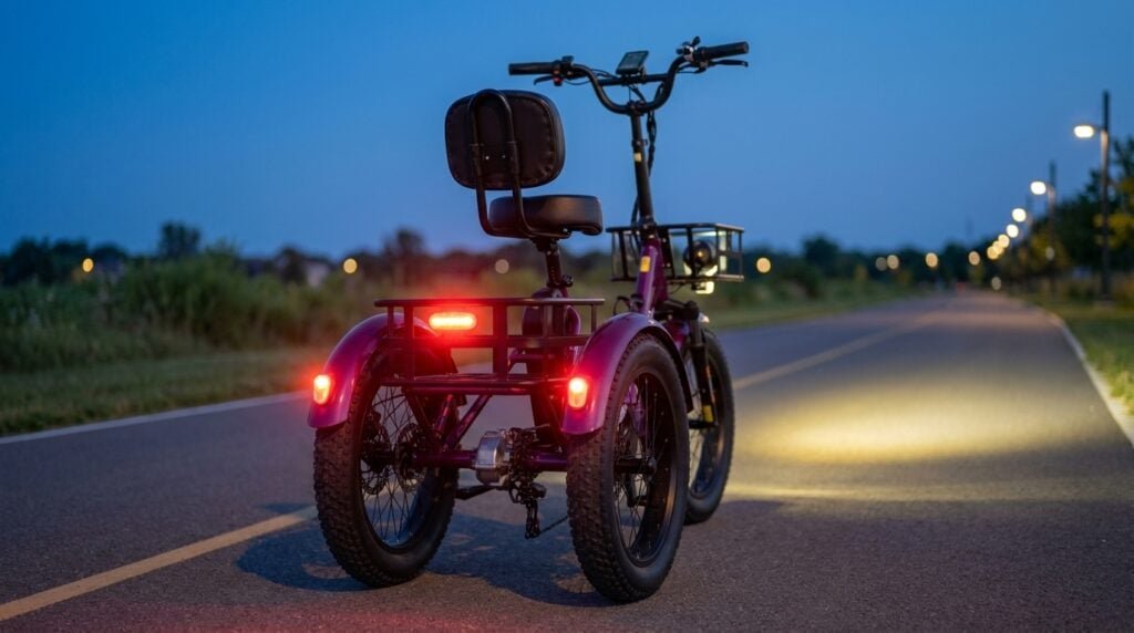 MoonCool Electric Trike Review: The TK2 Pro Is the One to Buy 7 MoonCool TK2 Pro electric trike seen from behind at dusk with its three rear lights illuminated