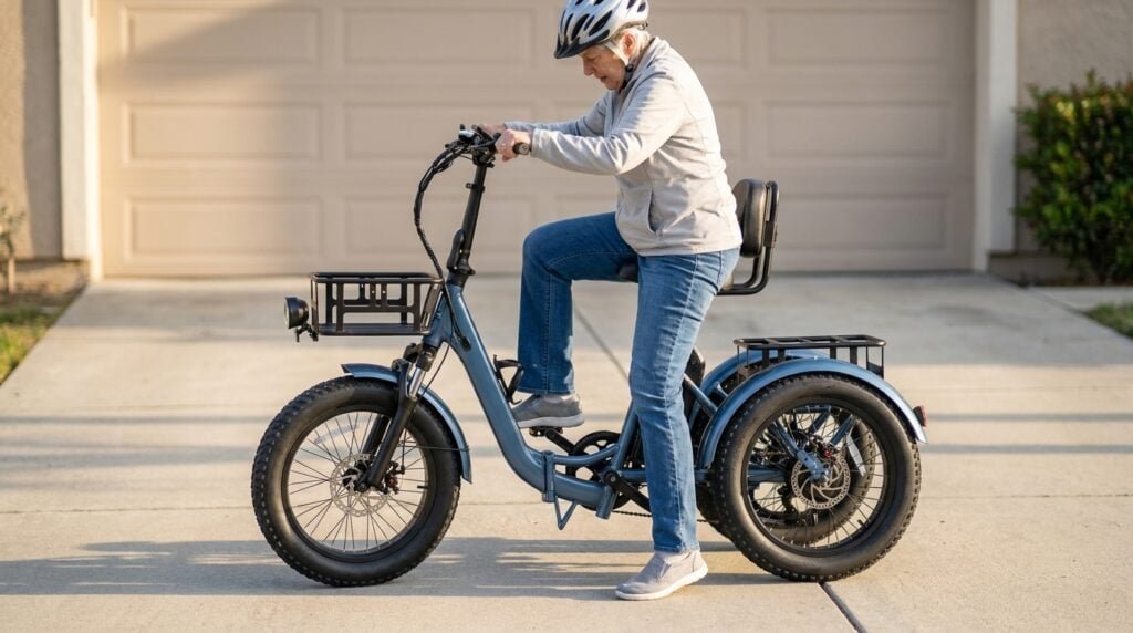 MoonCool Electric Trike Review: The TK2 Pro Is the One to Buy 5 Rider stepping through the low 12.6 inch standover frame of a MoonCool TK2 Pro electric trike