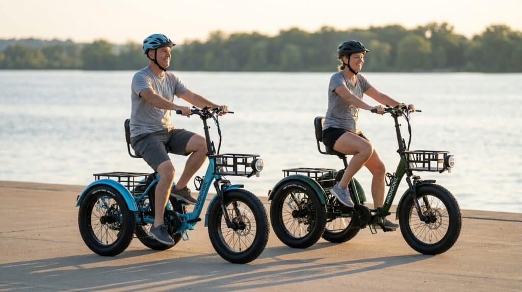 MoonCool Electric Trike Review: The TK2 Pro Is the One to Buy 6 Two riders on MoonCool electric trikes riding side by side along a waterfront trail