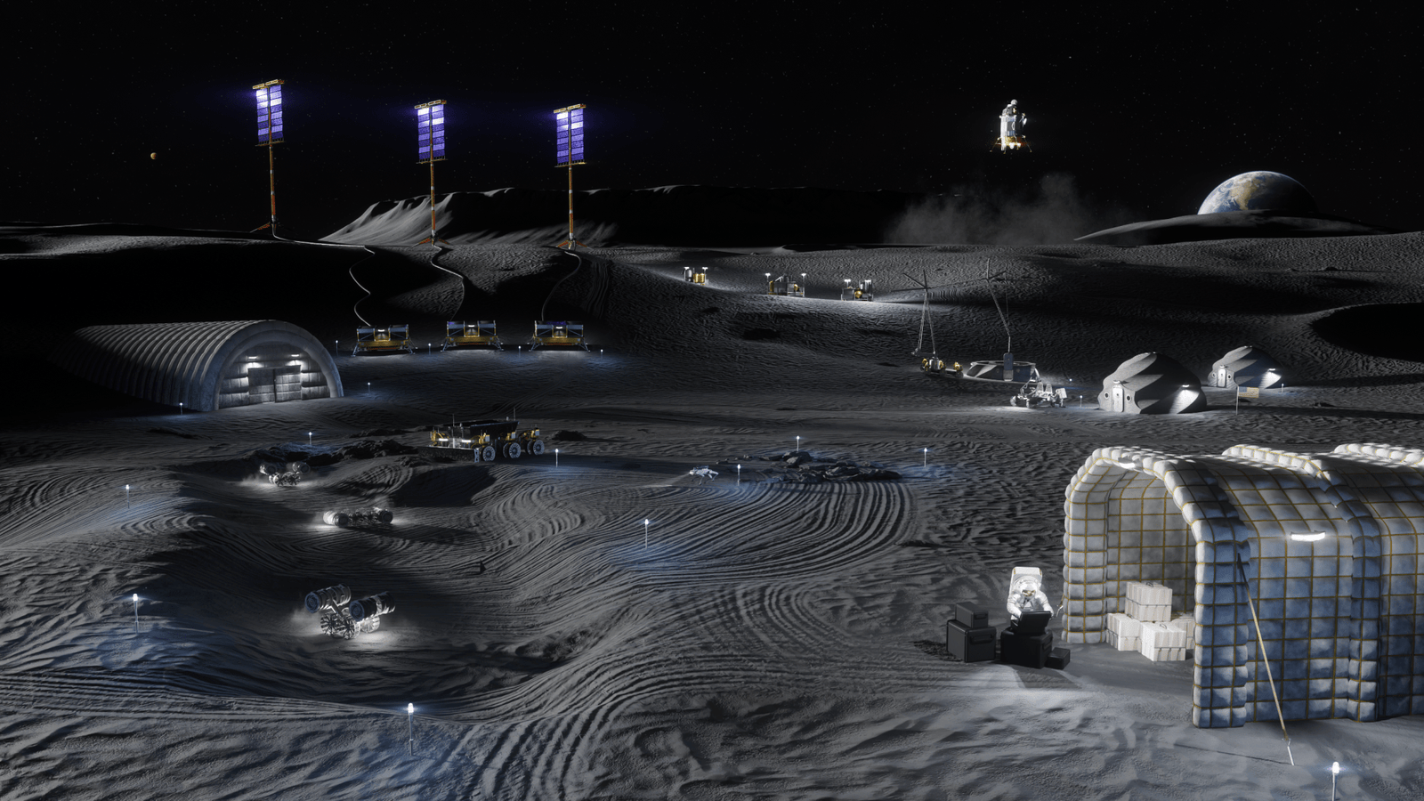 Artist concept of various technologies on a moon base.