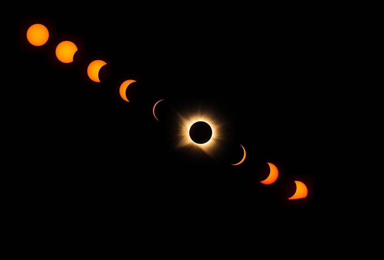 A sequence of images in a diagonal line from upper left to lower right shows the progression of a total solar eclipse, with an uneclipsed Sun in the upper left and other images showing the Sun becoming more and more eclipsed toward the lower right. A total eclipse, with the white corona around the dark disk of the Moon, appears in the line of eclipse images, near the center. Three more images to the lower right of the total eclipse show a crescent Sun becoming less eclipsed. The final image in the lower right shows the Sun starting to dip below the horizon, with its lower portions covered by the foreground.