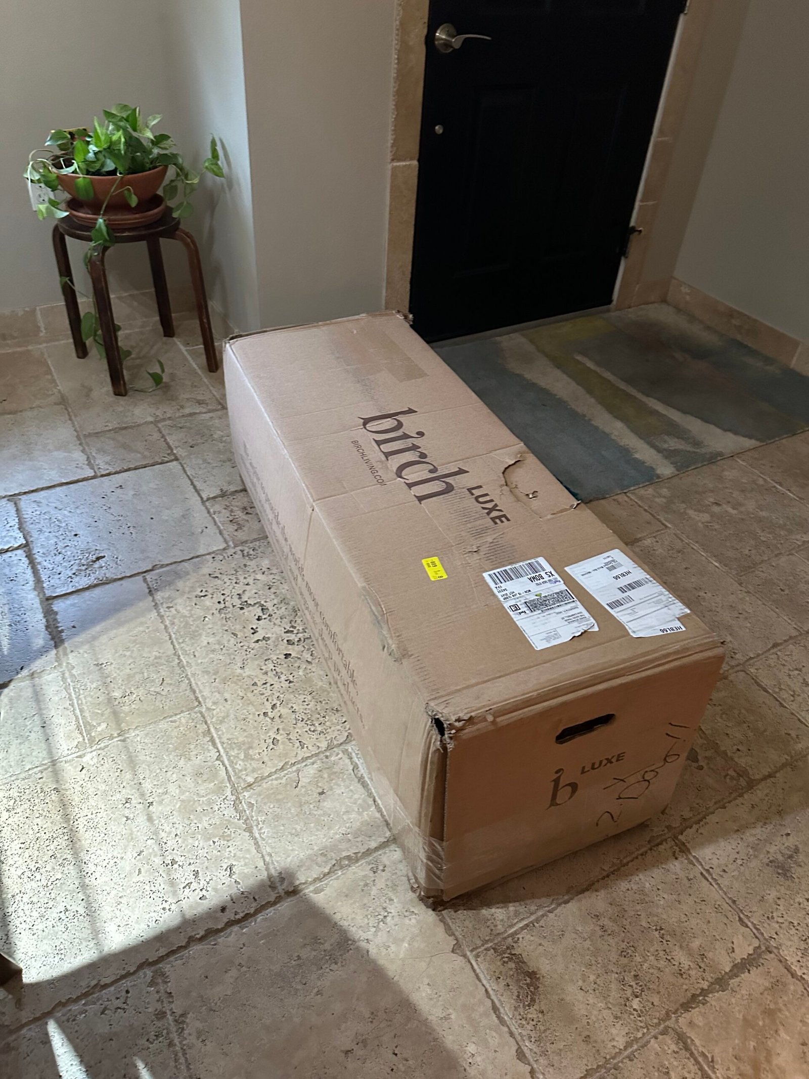 A Birch Luxe mattress delivery box.