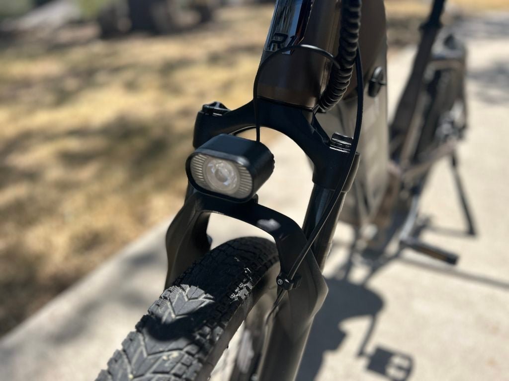 Ride1UP Portola 02 Review: One of Our Favorite Folding eBikes Just Got Better 14 Ride1UP Portola 02 100 lux integrated LED headlight and 100mm suspension fork