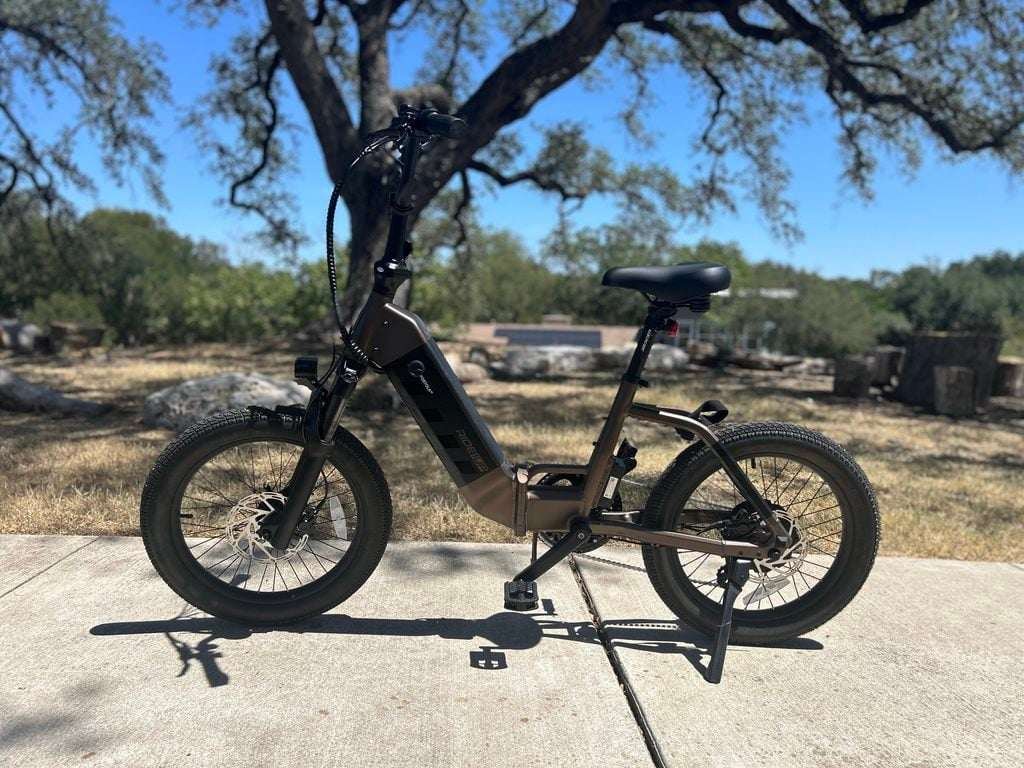 Ride1UP Portola 02 Review: One of Our Favorite Folding eBikes Just Got Better 9 Ride1UP Portola 02 folding electric bike parked on pavement, RiderGuide test bike