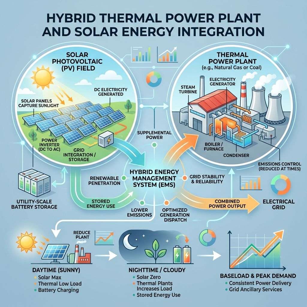 Diagram of hybrid thermal power plant and solar photovoltaic integration showing solar field, thermal plant, and energy management system.