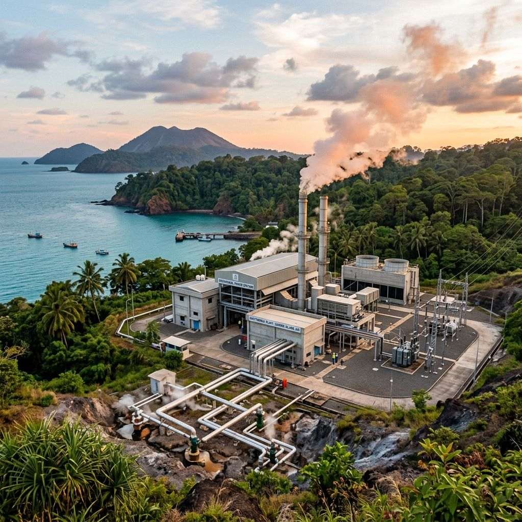 Geothermal power plant with steam rising beside a coastal forest and volcanic hills