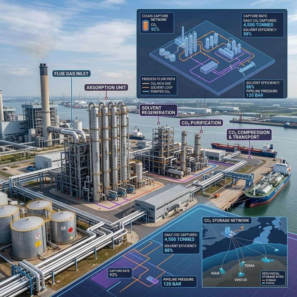 Industrial CO2 capture plant with labeled absorption unit, solvent regeneration, purification, compression, and transport areas, including CO2 storage network map.