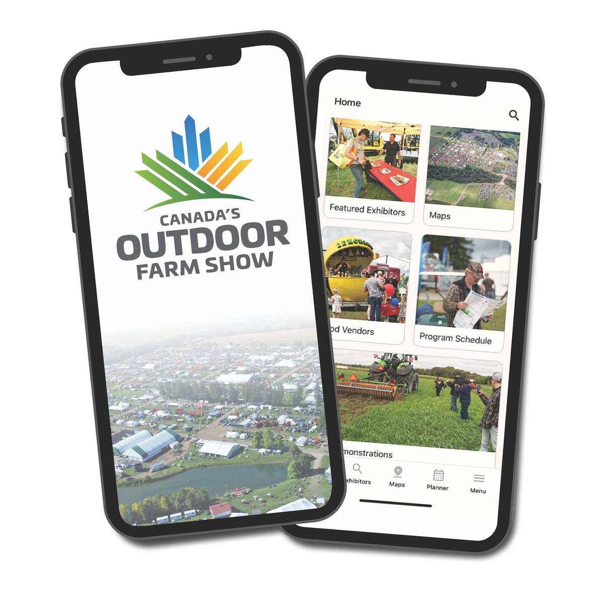 Two phone screens showing the Canada's Outdoor Farm Show app home page with exhibitor, map and schedule tiles. Photo: file