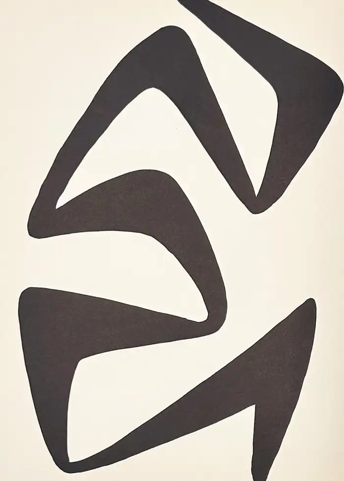 Abstract black shapes with sharp angles and curves arranged vertically on a beige background.