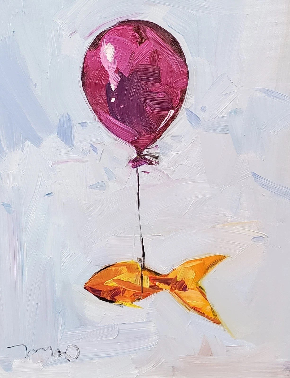 A purple balloon is tied to a yellow fish, floating against a light, abstract background.
