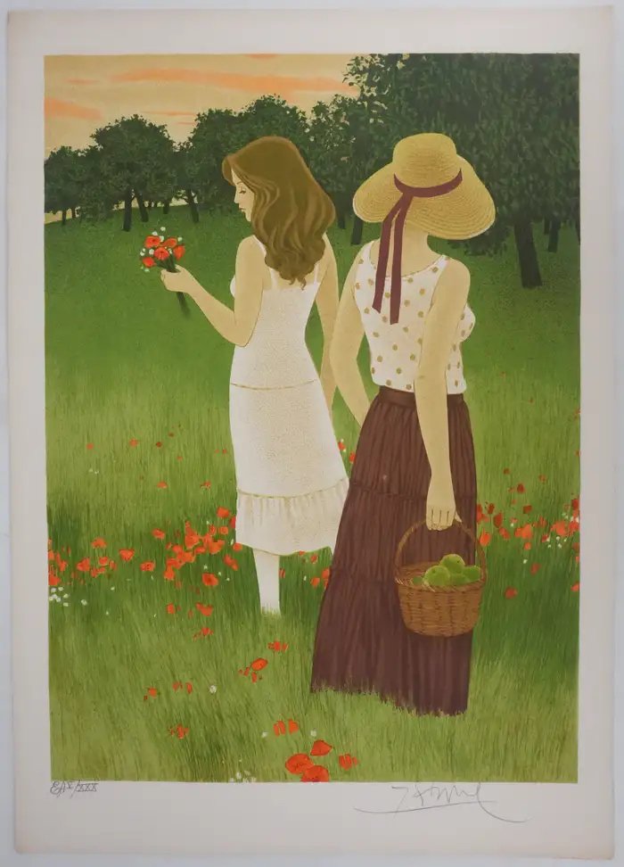 Two women stand in a grassy field with red flowers; one holds a bouquet, the other carries a basket of green apples. Trees and a sunset sky appear in the background.
